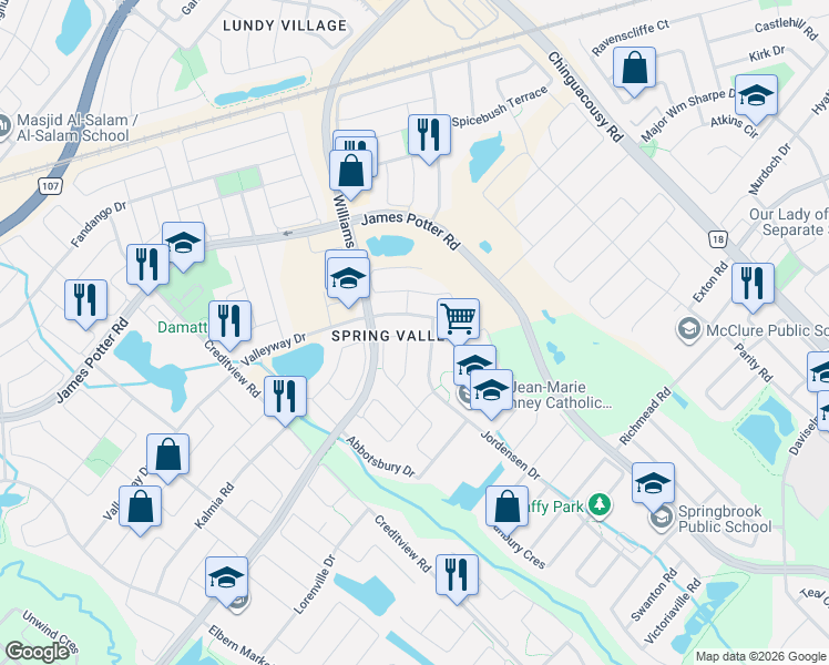 map of restaurants, bars, coffee shops, grocery stores, and more near 112 Commodore Drive in Brampton