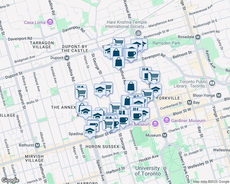 map of restaurants, bars, coffee shops, grocery stores, and more near 28 Admiral Road in Toronto