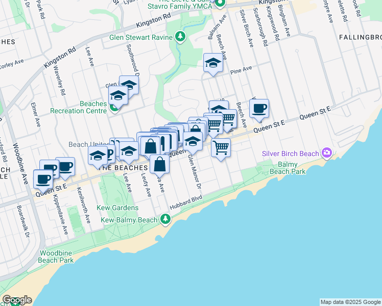 map of restaurants, bars, coffee shops, grocery stores, and more near 101 Glen Manor Drive in Toronto