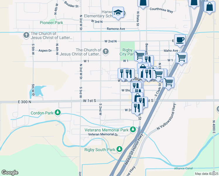 map of restaurants, bars, coffee shops, grocery stores, and more near 143 South 2nd West in Rigby