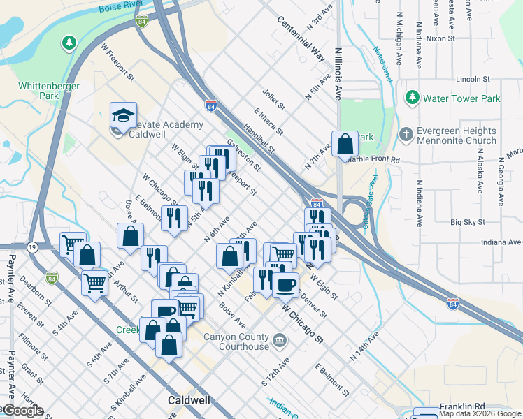 map of restaurants, bars, coffee shops, grocery stores, and more near 623 East Elgin Street in Caldwell