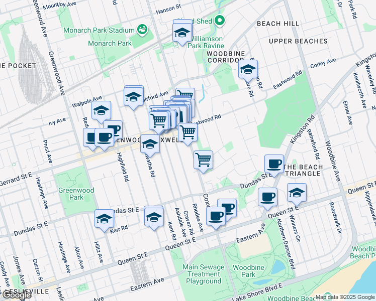 map of restaurants, bars, coffee shops, grocery stores, and more near in Toronto