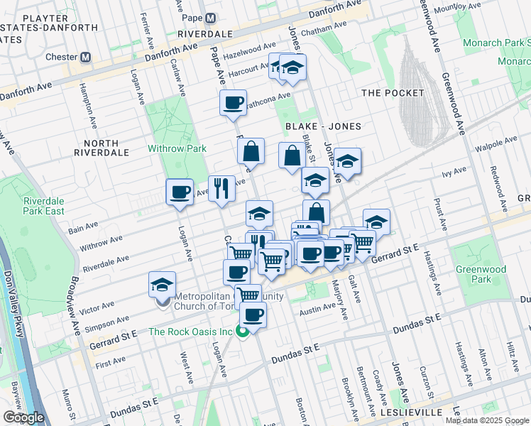map of restaurants, bars, coffee shops, grocery stores, and more near in Toronto