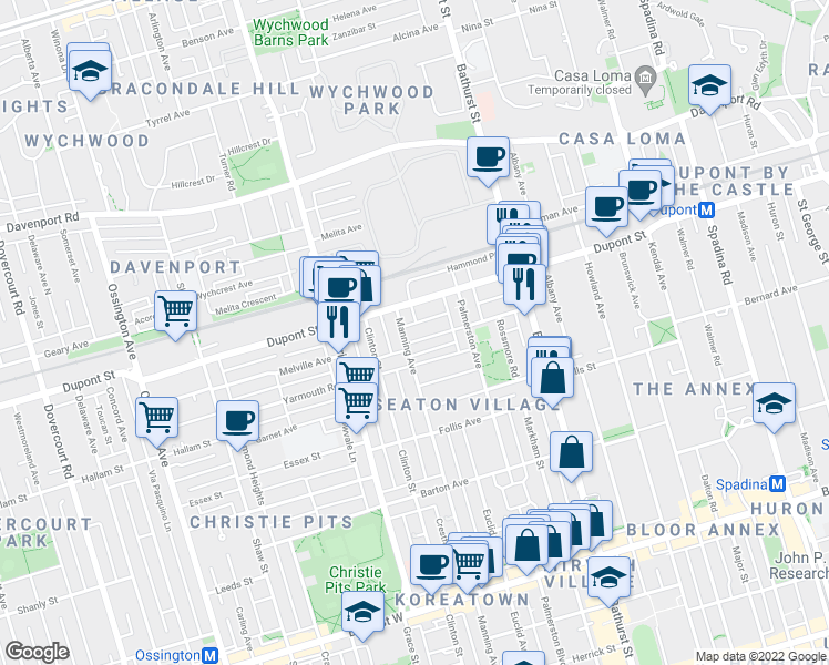 map of restaurants, bars, coffee shops, grocery stores, and more near in Toronto