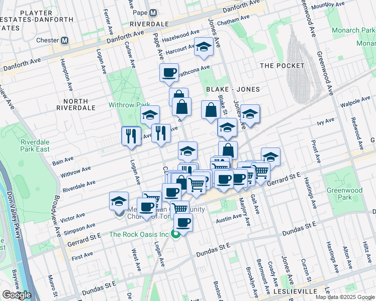 map of restaurants, bars, coffee shops, grocery stores, and more near in Toronto