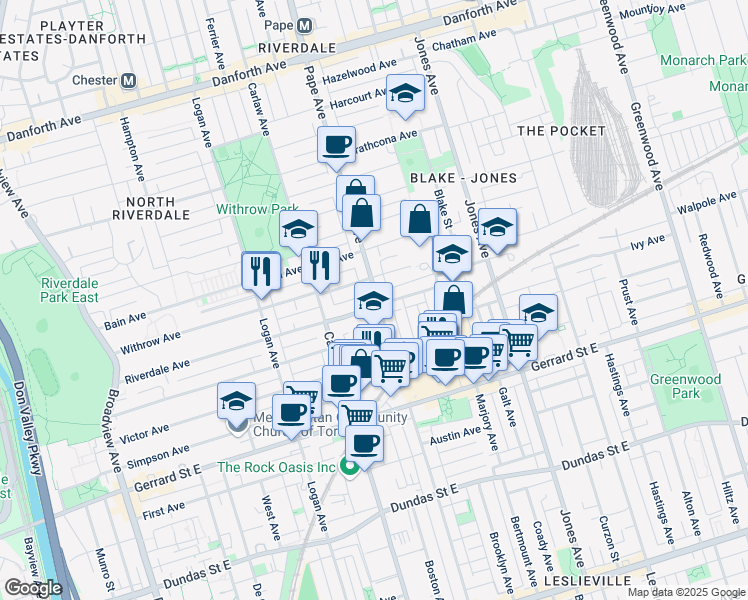 map of restaurants, bars, coffee shops, grocery stores, and more near 410 Pape Avenue in Toronto