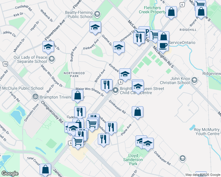 map of restaurants, bars, coffee shops, grocery stores, and more near 29 Chestnut Avenue in Brampton