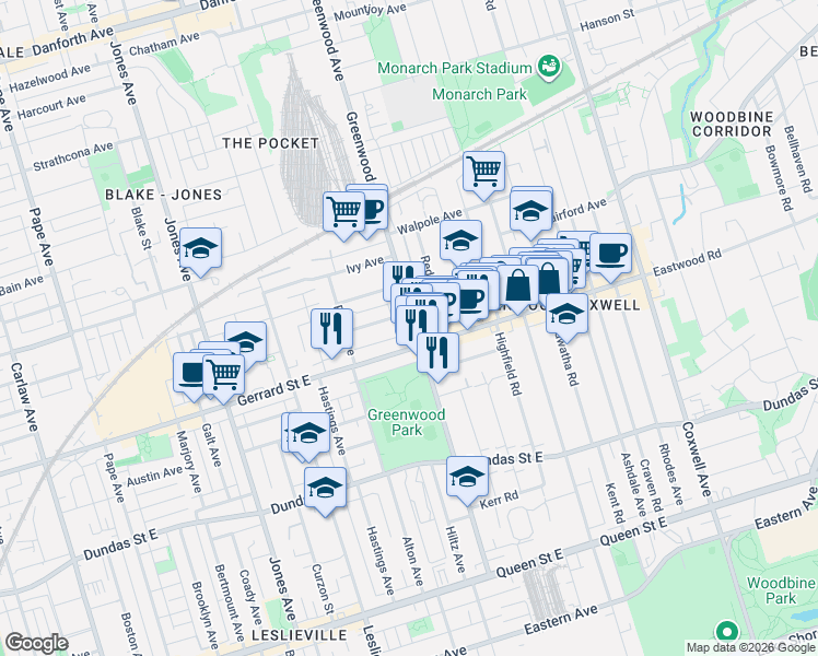 map of restaurants, bars, coffee shops, grocery stores, and more near 218 Greenwood Avenue in Toronto