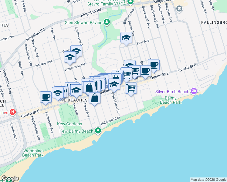map of restaurants, bars, coffee shops, grocery stores, and more near 101 Glen Manor Drive in Toronto