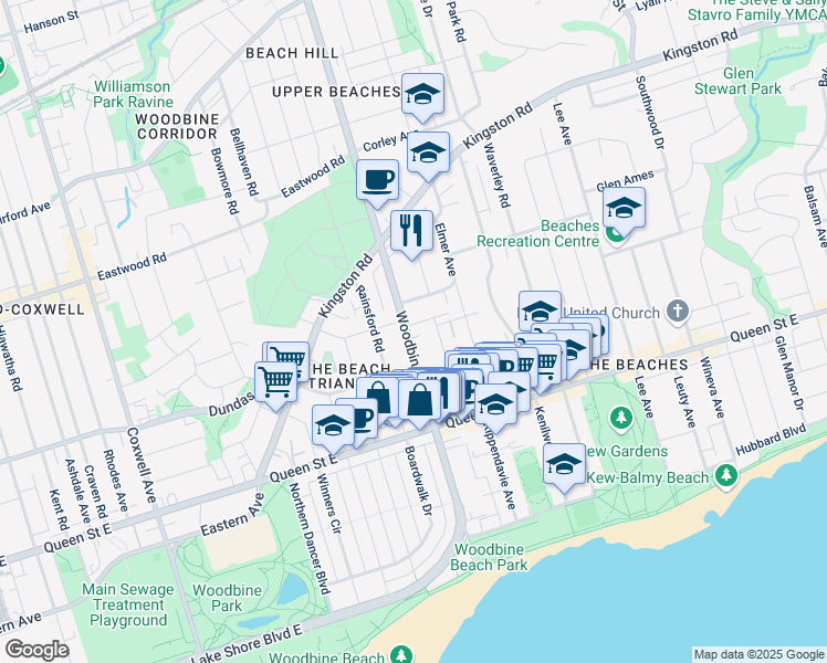 map of restaurants, bars, coffee shops, grocery stores, and more near 321 Woodbine Avenue in Toronto