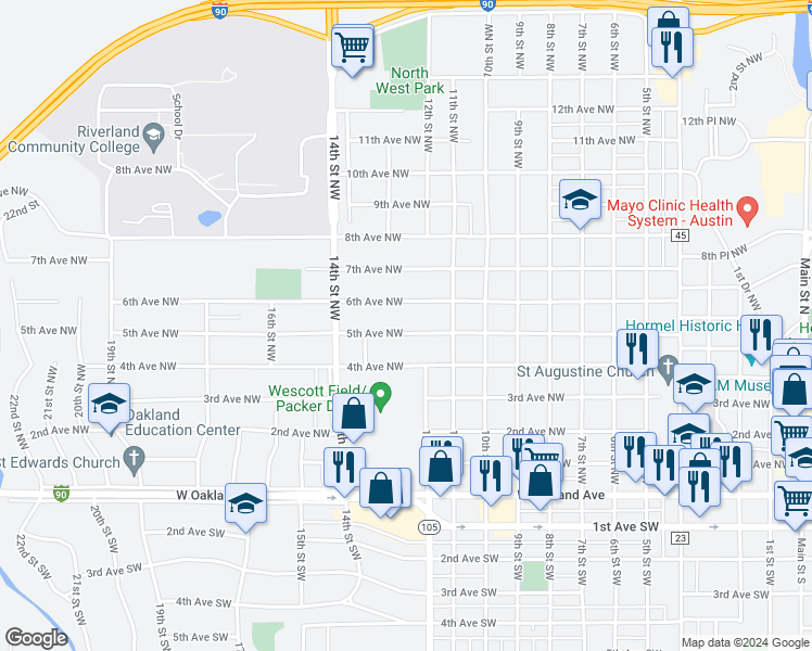 map of restaurants, bars, coffee shops, grocery stores, and more near 1315 5th Avenue Northwest in Austin