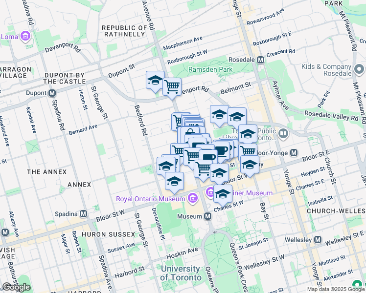 map of restaurants, bars, coffee shops, grocery stores, and more near 66 Avenue Road in Toronto