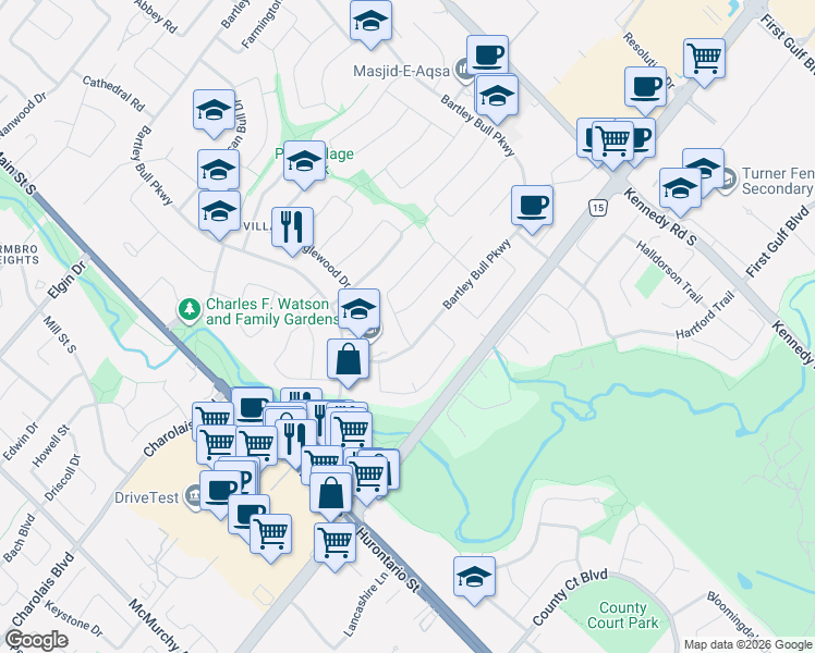 map of restaurants, bars, coffee shops, grocery stores, and more near 3 Erindale Crescent in Brampton