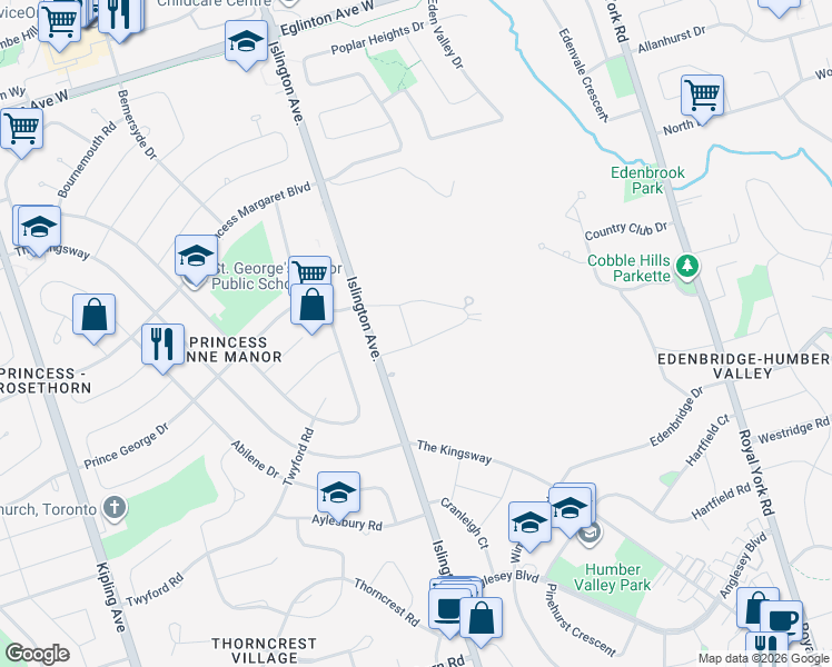 map of restaurants, bars, coffee shops, grocery stores, and more near 50 Ridgevalley Crescent in Toronto
