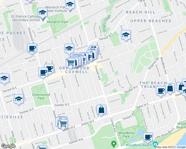 map of restaurants, bars, coffee shops, grocery stores, and more near 214 Rhodes Avenue in Toronto