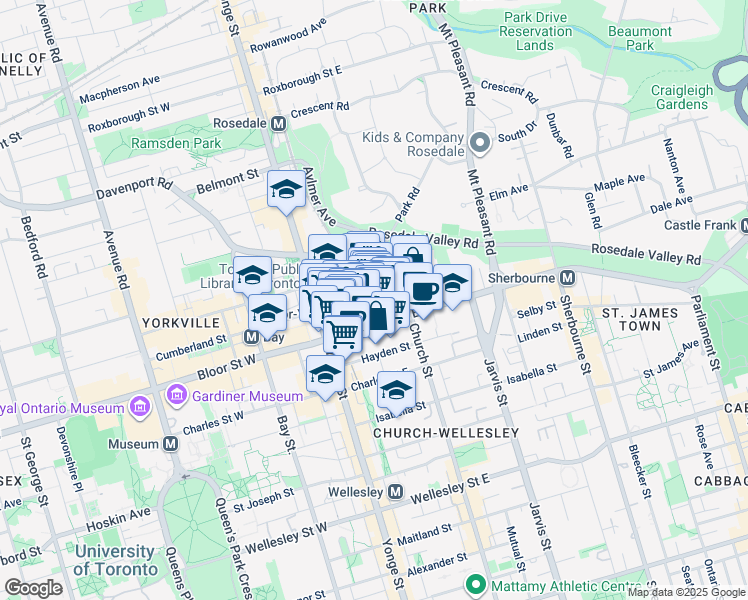 map of restaurants, bars, coffee shops, grocery stores, and more near 8 Park Road in Toronto