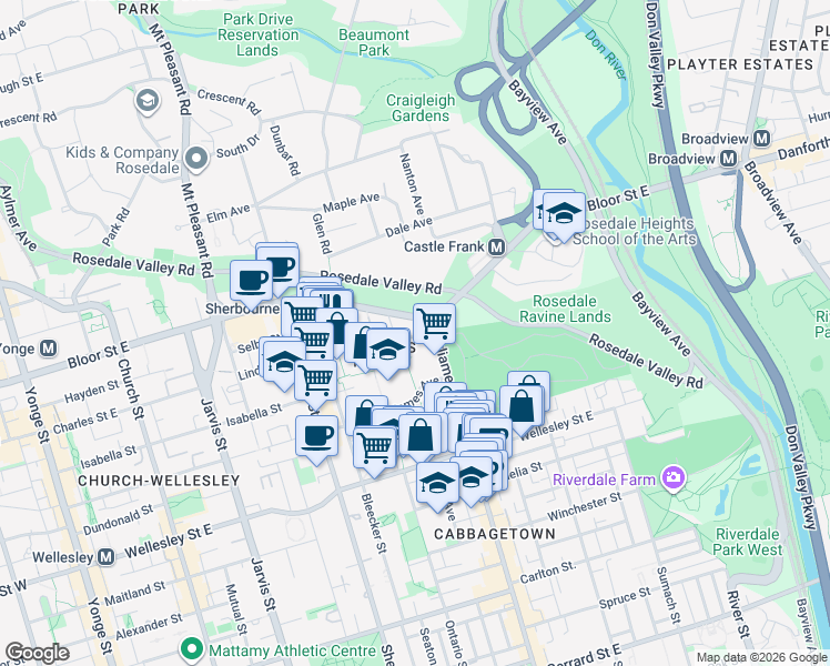 map of restaurants, bars, coffee shops, grocery stores, and more near 585 Bloor Street East in Toronto