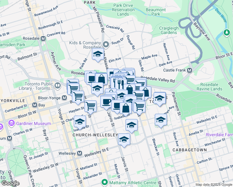 map of restaurants, bars, coffee shops, grocery stores, and more near 345 Bloor Street East in Toronto