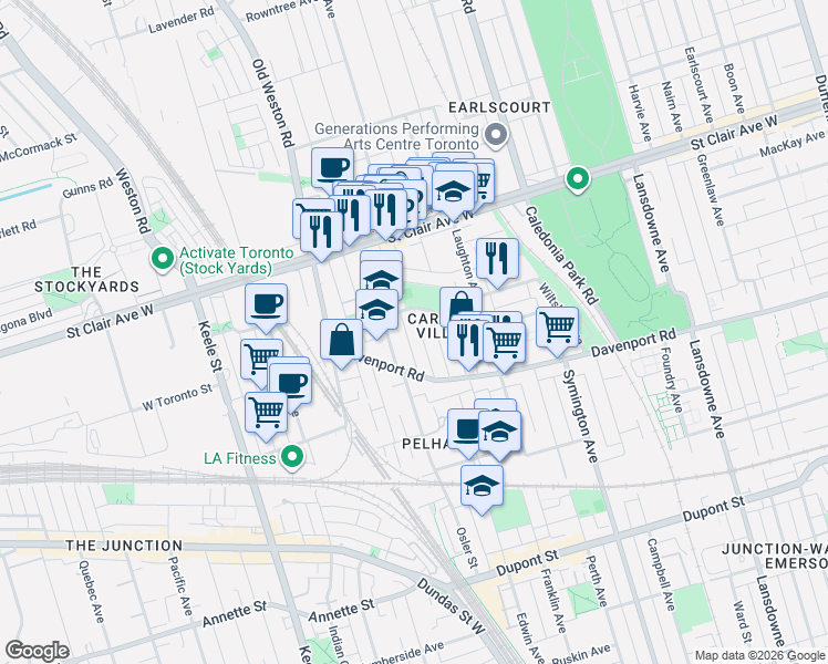 map of restaurants, bars, coffee shops, grocery stores, and more near in Toronto
