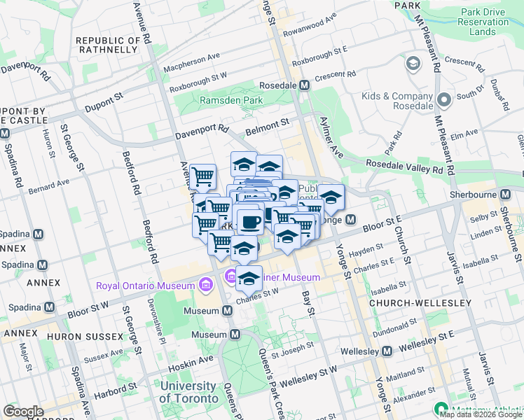 map of restaurants, bars, coffee shops, grocery stores, and more near 80 Yorkville Avenue in Toronto
