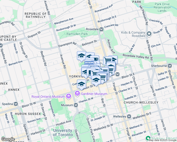 map of restaurants, bars, coffee shops, grocery stores, and more near 1235 Bay Street in Toronto