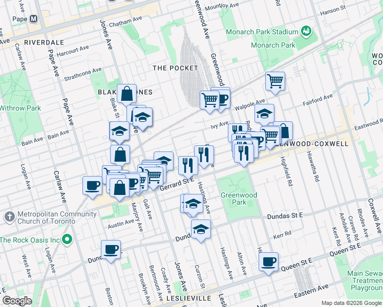 map of restaurants, bars, coffee shops, grocery stores, and more near 276 Hastings Avenue in Toronto