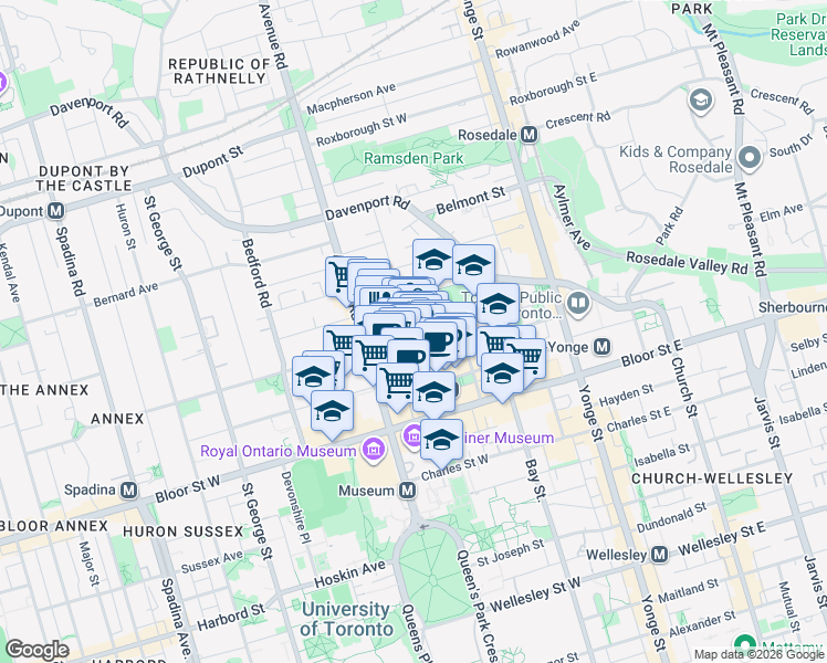 map of restaurants, bars, coffee shops, grocery stores, and more near 21 Hazelton Avenue in Toronto