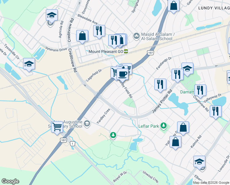 map of restaurants, bars, coffee shops, grocery stores, and more near 28 Frenchpark Circle in Brampton