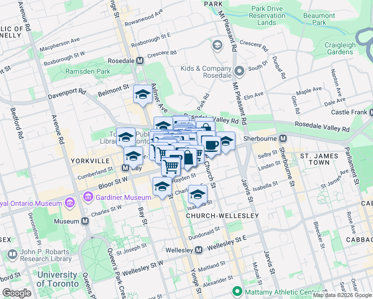 map of restaurants, bars, coffee shops, grocery stores, and more near 8 Park Road in Toronto