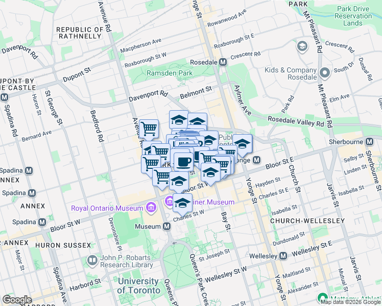map of restaurants, bars, coffee shops, grocery stores, and more near 80 Yorkville Avenue in Toronto