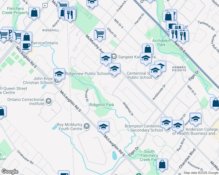 map of restaurants, bars, coffee shops, grocery stores, and more near 46 Ridgehill Drive in Brampton