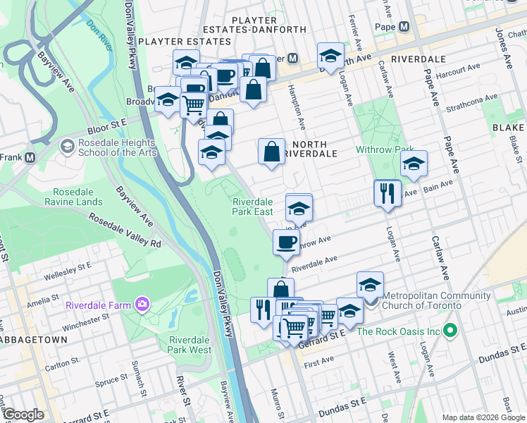 map of restaurants, bars, coffee shops, grocery stores, and more near 545 Broadview Avenue in Toronto