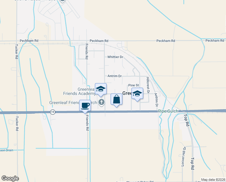 map of restaurants, bars, coffee shops, grocery stores, and more near 21293 Harmony Lane in Greenleaf