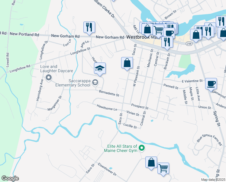 map of restaurants, bars, coffee shops, grocery stores, and more near 18 Bernadette Street in Westbrook