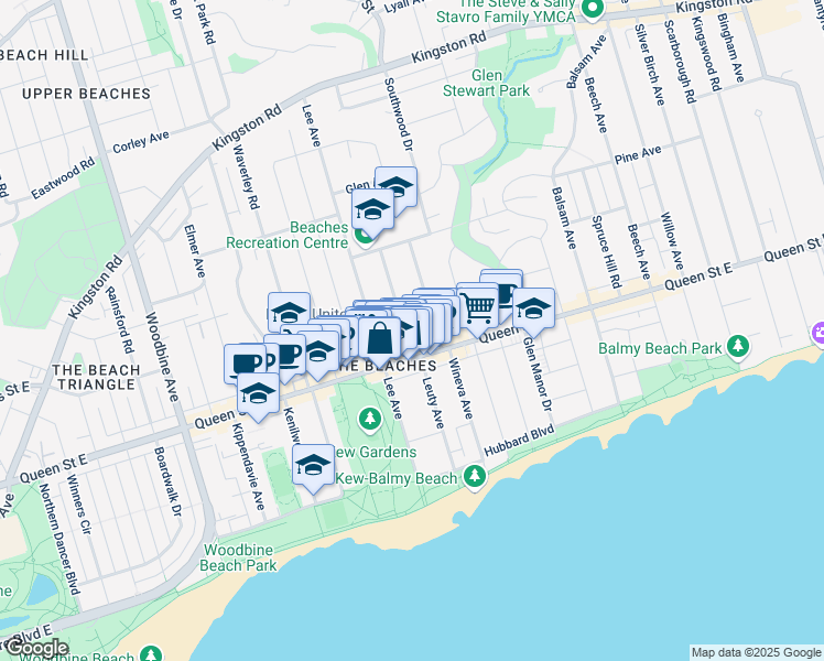 map of restaurants, bars, coffee shops, grocery stores, and more near in Toronto