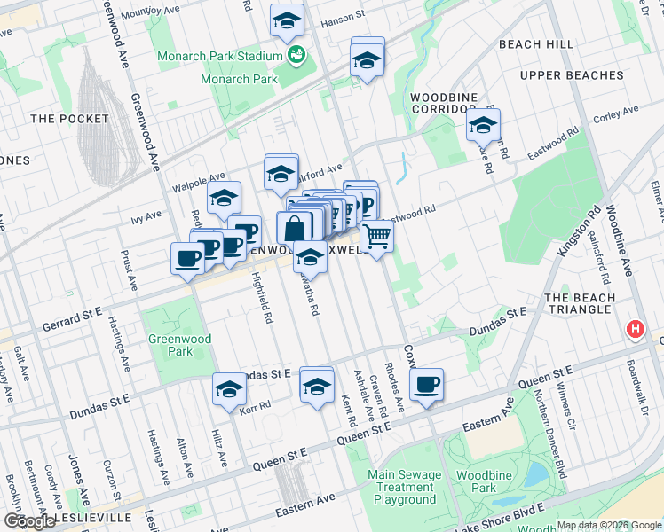 map of restaurants, bars, coffee shops, grocery stores, and more near 220 Ashdale Avenue in Toronto