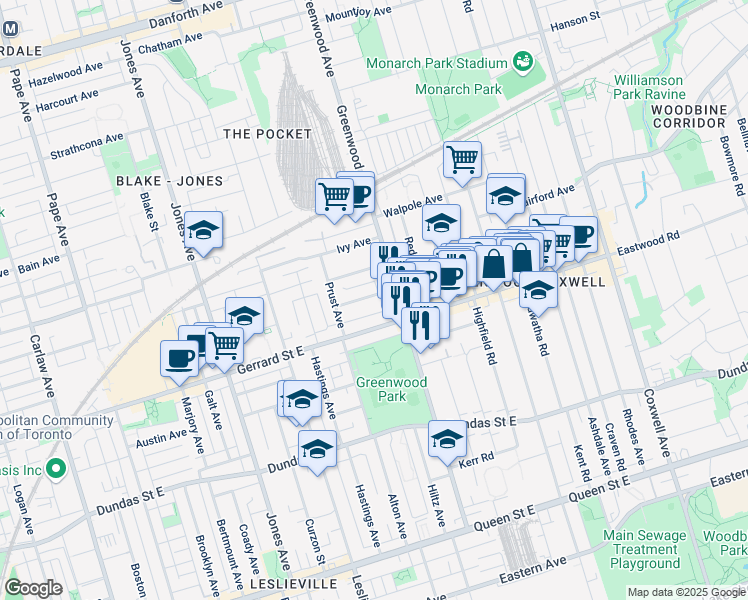map of restaurants, bars, coffee shops, grocery stores, and more near in Toronto