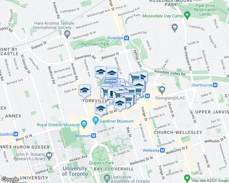map of restaurants, bars, coffee shops, grocery stores, and more near 1235 Bay Street in Toronto