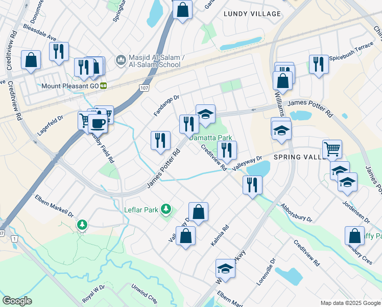 map of restaurants, bars, coffee shops, grocery stores, and more near in Brampton