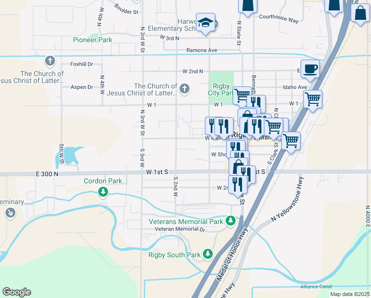 map of restaurants, bars, coffee shops, grocery stores, and more near 121 South 2nd West in Rigby