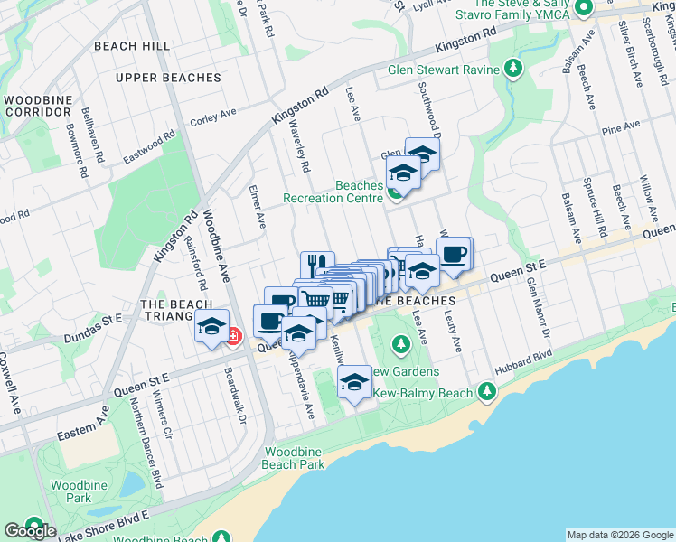 map of restaurants, bars, coffee shops, grocery stores, and more near 151 Waverley Road in Toronto
