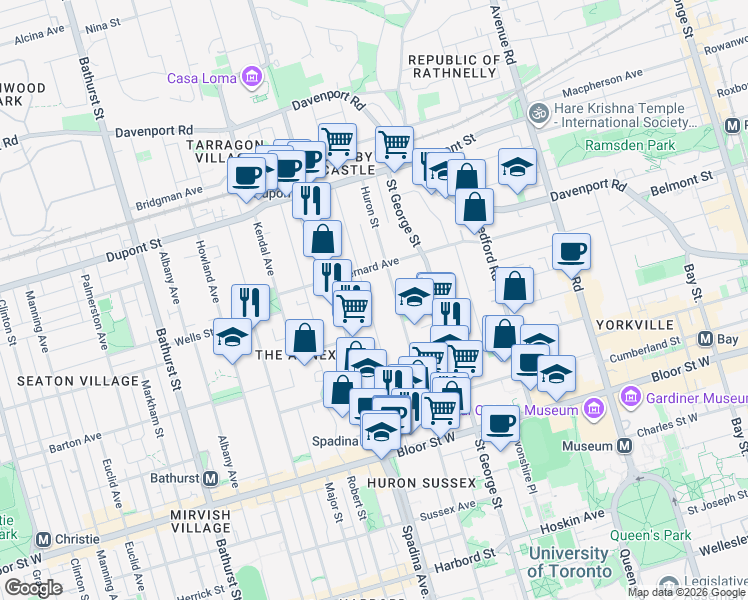map of restaurants, bars, coffee shops, grocery stores, and more near 113 Madison Avenue in Toronto