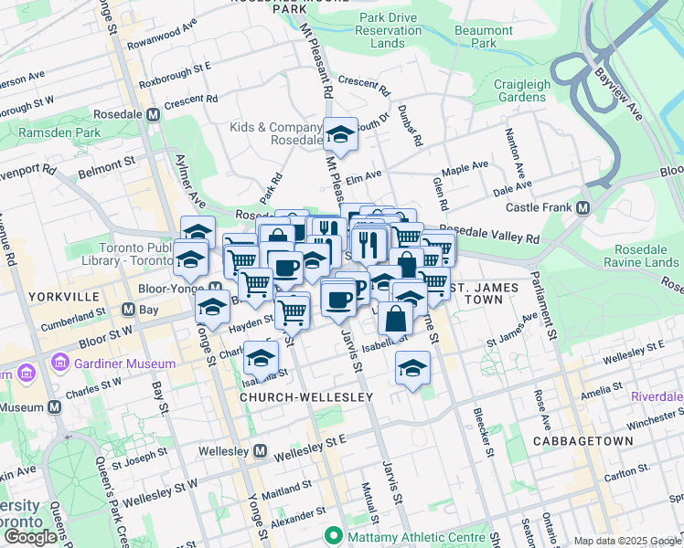 map of restaurants, bars, coffee shops, grocery stores, and more near 333 Bloor Street East in Toronto
