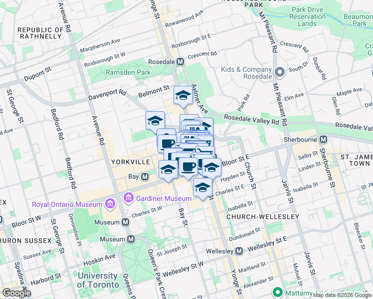 map of restaurants, bars, coffee shops, grocery stores, and more near 11 Yorkville Avenue in Toronto