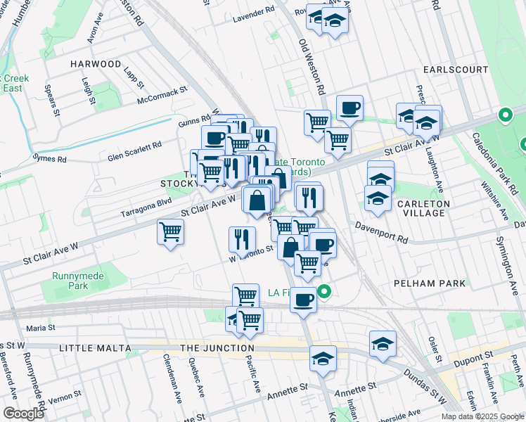 map of restaurants, bars, coffee shops, grocery stores, and more near 590 Keele Street in Toronto