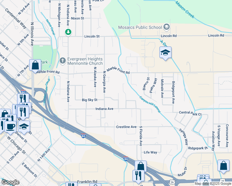 map of restaurants, bars, coffee shops, grocery stores, and more near 2521 Norman Street in Caldwell
