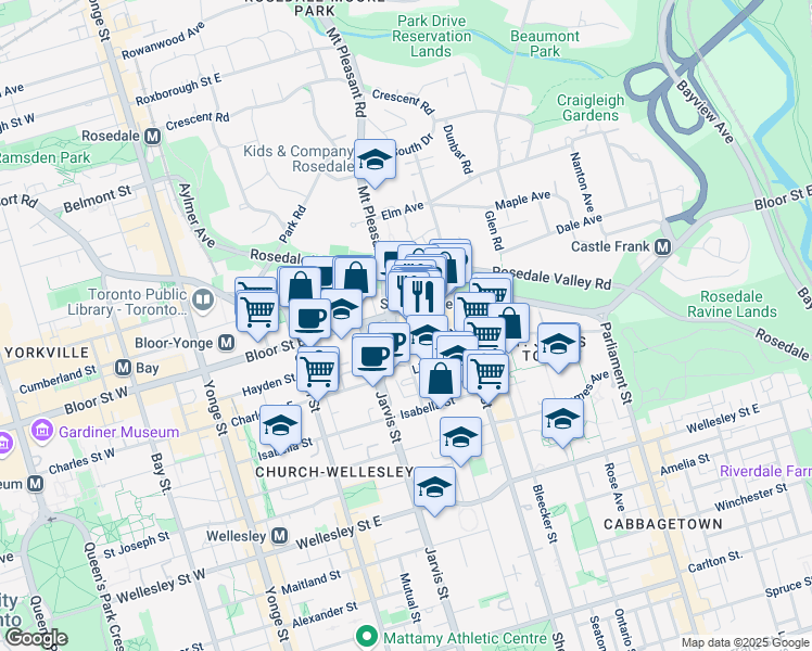 map of restaurants, bars, coffee shops, grocery stores, and more near 77 Huntley Street in Toronto