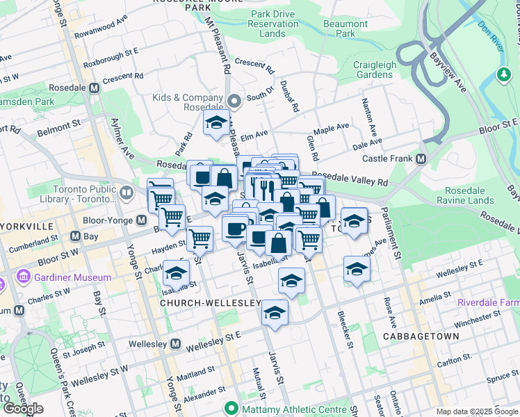 map of restaurants, bars, coffee shops, grocery stores, and more near 345 Bloor Street East in Toronto