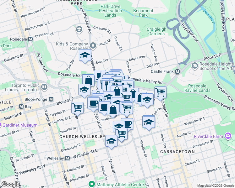 map of restaurants, bars, coffee shops, grocery stores, and more near 600 Sherbourne Street in Toronto