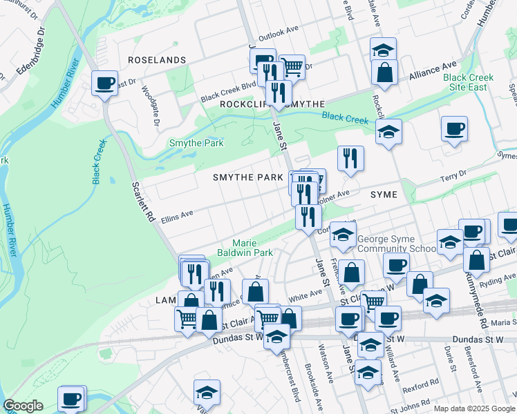 map of restaurants, bars, coffee shops, grocery stores, and more near 10 Duern Street in Toronto